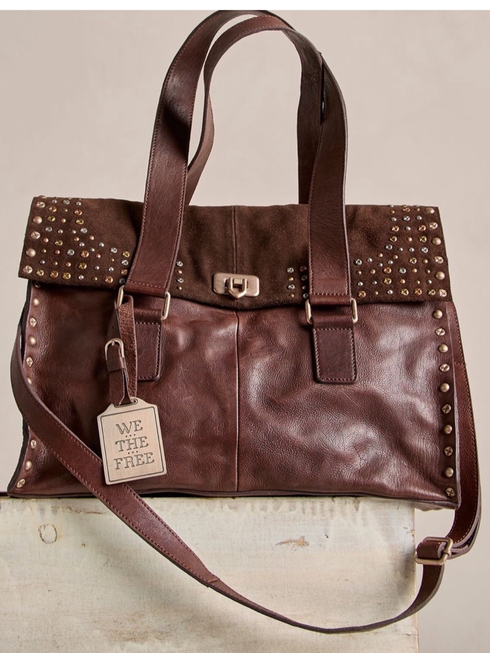NWT We the Free People Shay Tote Espresso Brown Studded Leather Satchel